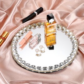 Hipiwe Mirror Glass Vanity Tray Sparkling Crystal Perfume Tray Round Decorative Tray Gorgeous Makeup Organizer Tray Jewelry Trinket Tray for Bathroom Dresser Table, 10.6 inch