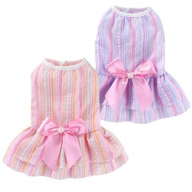 ANIAC 2PCS Dog Dresses for Small Dogs Girl Cute Pet Princess Dress with Sweet Bow Knot Breathable Lightweight Puppy Clothes Female Cat Outfit for Spring and Summer (Purple Pink, Small)