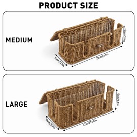 Cable Management Box, 2Pcs Handwoven Imitation Rattan Cord Hider Organizer Box with Lid, 4 Open Slots Cable Organizer Box for Tv Computer USB Hub to Hide Power Strips & Cords (L/M)