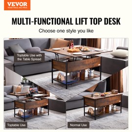VEVOR Coffee Table, Lift Top Coffee Table with Storage, Coffee Tables for Living Room, Small Coffee Table with Power Strip & USB & Ambient Lighting, Brown