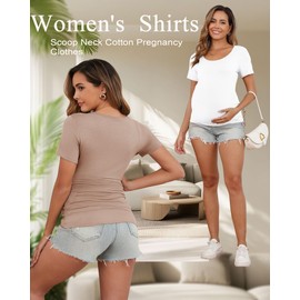 Huukeay 4 Pack Women's Maternity Shirts Scoop Neck Maternity Top Short Sleeve Casual Cotton Tee Side Ruched Pregnancy Clothes(Black, White, Khaki, Light Gray,Small)