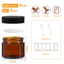 Mcupper 2 Pack 2 oz Amber Glass Jars with Lids, Cosmetic Jars with Black Lids, Glass Lotion Containers, Candle Making Containers for Lotions, Scrubs and Cosmetic, Lables and Spatulas Include