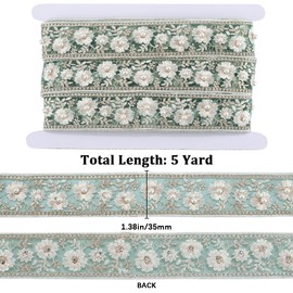 CABODYALS 4.57M Green Jacquard Ribbon Embroidery Trim Pearl Flower Lace Embroidered Woven Floral Beaded Oganza Sheer Tulle Ribbons for Sewing Making Skirt Wedding Gift Packaging Diy Craft Supplies