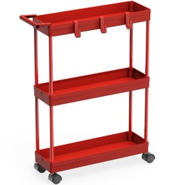 Simple Houseware Kitchen Cart Storage 3-Tier Slim/Super Narrow Shelves with Handle, 26.5'' Height/5.5'' Width for Narrow Place, Red