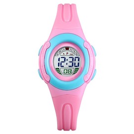 TONSHEN Children's Digital 50 m Waterproof Outdoor Sports Watches Multicoloured LED Light Electronic Alarm Stopwatch Plastic Bezel with Rubber Strap Wrist Watch (Pink)