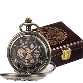 SIBOSUN Pocket Watch and Box Wodden Dragon Phonix Pattern Skeleton Pocket Watch Display Case Organizer for Pocket Watch Mechanical Double Case Hand-Wind Bronze Roman Numerals Antique Chain Mens