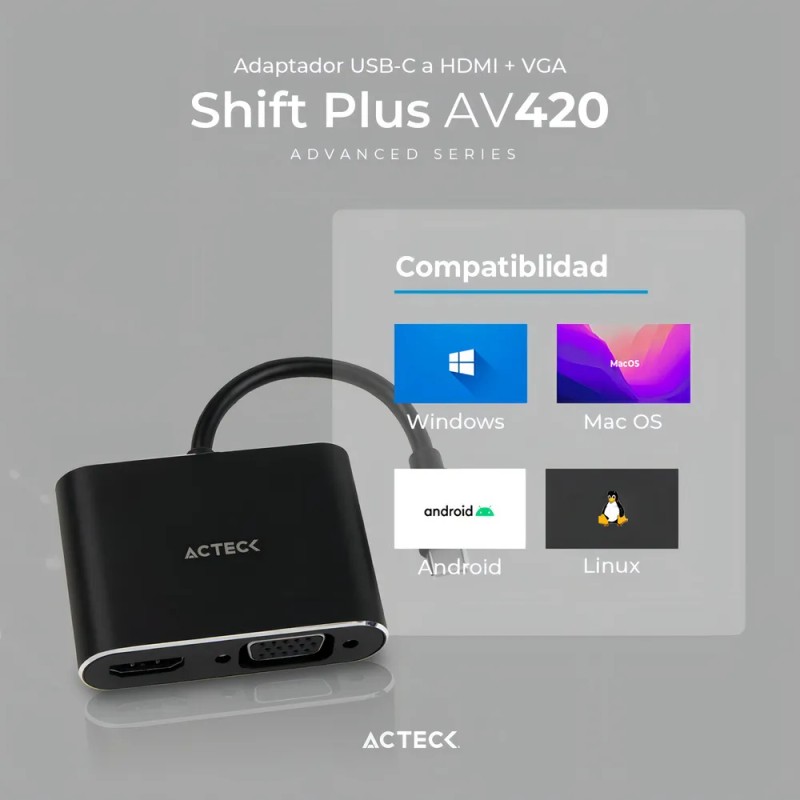 Adaptador Acteck Shift Plus Av420 Usb-c A Hdmi + Vga