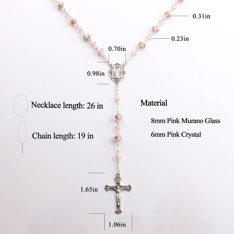 HELLOWIN 8mm Pink Murano Rose Beads Catholic Virgin Mary Rosary