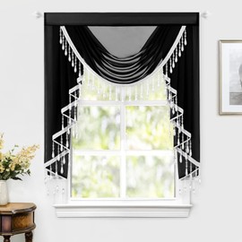 Leeva Black Waterfall Valances for Windows, Vintage Swag Curtain Sheers with Rod Pocket, Beaded Tassel Edge Voile Drapes for Bedroom Living Room Windows, 1 Panel, 43x39 Inches