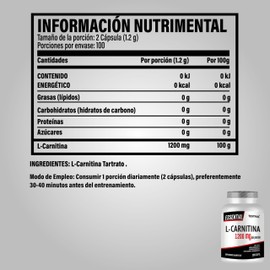 Suplemento Natural Para el Rendimiento físico y protección muscular. Carnitina Essential 1200 mg, 100 por ciento Pura, L carnitina Testrol. 200 Cápsulas 1 unidad.