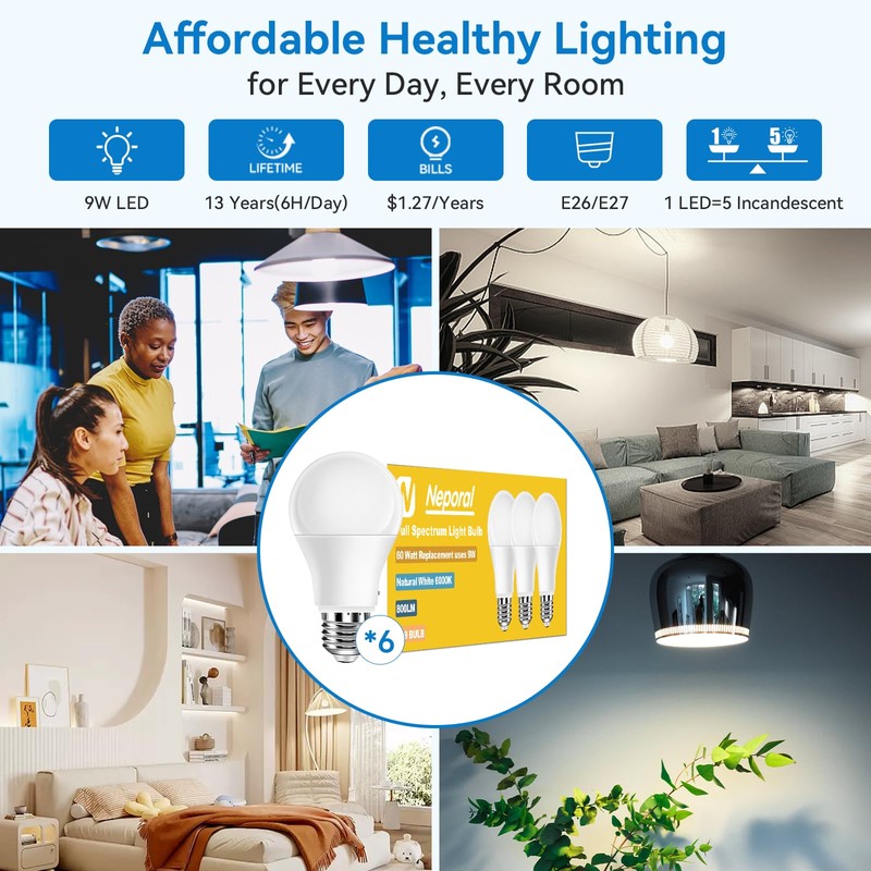 Neporal Full Spectrum Light Bulb, 6000K UV-Free Daylight Sunlight Light