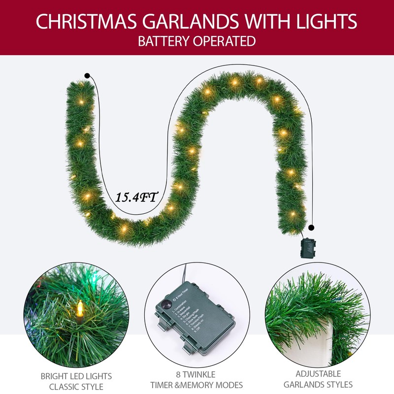 15.4ft Pre-Lit Christmas Garland with Lights – 50 LED Lighted