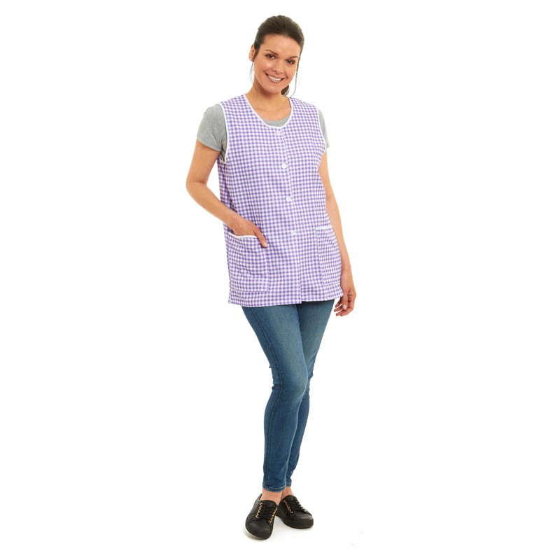 Ladies Gingham Buttons Through Design Piping Tabard Apron Overalls Front
