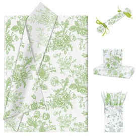 Larcenciel Tissue Paper Vintage Flower, Green and White Tissue Paper Packaging Material for Filling Material, Rose Peony Gift Wrap for Birthdays, Weddings, Anniversaries, Crafts, 30 Sheets, 50 x 35 cm