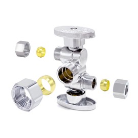 TTFLEX 1/4 Turn Dual Compression Outlet Angle Stop Valve with 2 Shut Off Valve/Handles, 1/2" NOM (5/8" OD) x (3/8 inch x 3/8 inch) Chrome 3-way Faucet Toilet Shut Off Valve