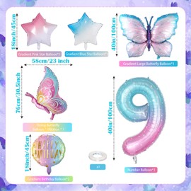 Butterfly Balloons, 9th Butterfly Birthday Decorations for Girls, Fantasy Giant Number 9 Butterfly Foil Balloons Birthday Party Supplies, Aluminum Film Girl Birthday Party Balloons Decoration
