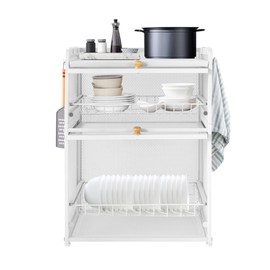 KOLHGNSE 3 Tier Dish Drying Rack Modern House Ware Dish Organizer Cutlery Drainer with Lid Cover Detachable Drip Tray Storage Box Basket Steel for Kitchen Organizing Storage Holder