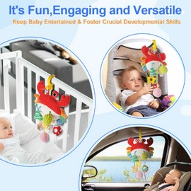 Car Seat Toy for Babies 0-6 Months, Stroller Toy with a Convenient clip, Carseat Toys Hanging Baby Accessories,Built-In Bell, Rattle,Squeaky,Mirror for infant,Babies Gift 0-3-6-12 months Boy Girl