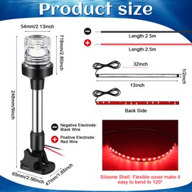 Rossesay White LED Boat Stern Light with 2 Pcs 8.2ft Extra Cables All Round 12-24v, and 2 Pcs Navigation Lights LED Anchor for Boats Red and Green Running Marine(9 Inch)