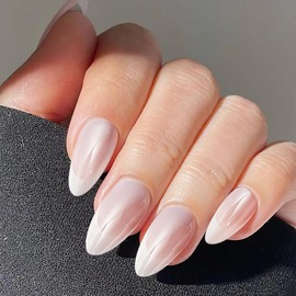 Elegant Nude Cat Eye Fake Nails – 24 Medium Almond Acrylic Press On Nails with Glue for Women & Girls, Clean, Minimal & Captivating for Meetings or Dates