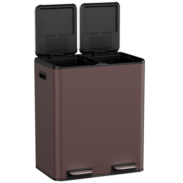 TLSUNNY Kitchen Dual Trash Can, 60L Hands-Free Stainless Steel Garbage