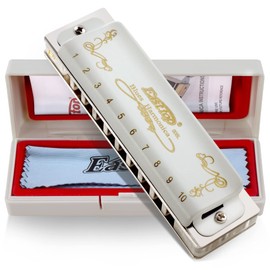 East top Blues Harmonica Key of Eb 10 Holes Diatonic Blues harp mouth organ Harmonica with White Cover, T008L Harmonica for Adults, Professional Player and Students