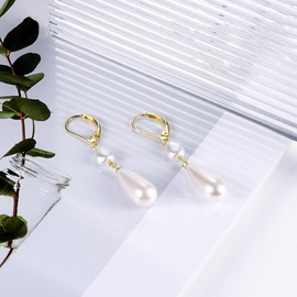 14K Gold Pearl Dangle Earrings for Women，925 Sterling Silver Teardrop Double Pearl Drop Earrings，Leverback Irregular Pearl Hypoallergenic Earrings