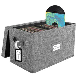 Vinyl Record Storage Box for 7"/45 RPM LPs, Grey Case with Lid Holds up to 80 Albums, CD Crate Play Music Collection Holder, Collapsible File Folder Cabinet Organizer with Handle