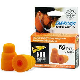 Plugfones Replacement Ear Plugs - 29 (dB) NRR Certified ComfortTiered Foam Tips for In-Ear Earplug Earbuds - Compatible with Plugfones - Noise-Reducing, Comfortable & Durable - 5 Pairs/10-Pack, Orange
