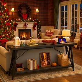 Homieasy 70.9 Inch Console Table, Industrial Sofa Table Behind Couch with Charging Station & Storage Shelf, Entryway Table for Living Room & Entryway, Grey