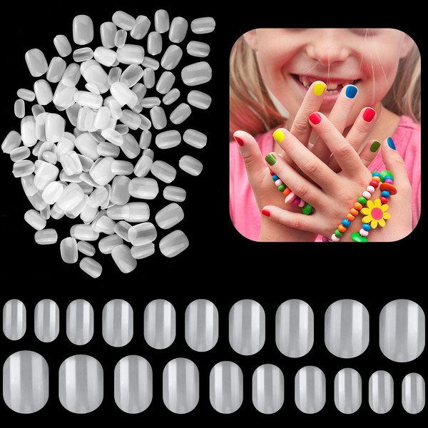 600 Pieces Children False Nails Natural Acrylic Nail Tips for Kids Little Girls Short Full Cover Fake Nails Artificial Fingernail Decoration, 10 Sizes