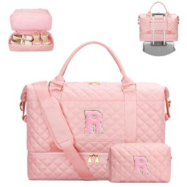 Gifts for Women Birthday Christmas Initial Travel Duffle Bag Quilted Weekender Bags Carry-On Overnight with Cosmetic Bag, Gym Bag with Shoe Compartment Hospital Bag for Women Labor Delivery, Pink-R