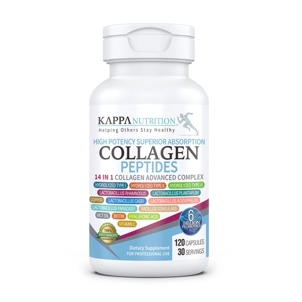 KAPPA NUTRITION Collagen Type I, II, III, 6 Billion Probiotics Acid Resistance, (120 Capsules), Hyaluronic Acid, Vitamin C, Biotin & MCT Oil, Hair, Nails, and Skin, Collagen Peptides 14 in 1 from