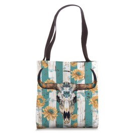 Boho Chic Chrysanthemum Flower Turquoise Western Bull Skull Tote Bag