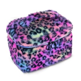 imerelez Plush Travel Makeup Bag Toiletry bag for Women Soft Fluffy Cosmetic Bag Portable Foldable (Rainbow Leopard)