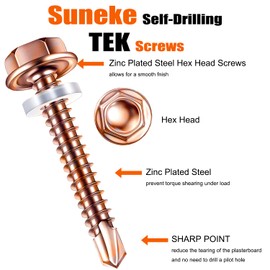 (35Pcs) #12×3"(5.5mm×75mm) Suneke Hex Washer Head Self-Drilling Screws, Gold Zinc Plated Steel, TEK Screws with External Hex Drive, Waterproof Washers, Matching Drill Bit, Organized Box