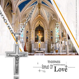 Flongo Rosary Men's Cross Pendant Women's Necklace Stainless Steel Silver Gold Golden Jesus Cross Crucifix Classic, Stainless Steel