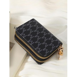 Women's Summer Retro Heart Print Double Zipper Around Coin Purse, Simple Multi-card Card Holder, Pu Leather Credit Card Wallet Storage Bag for Outdoors & Travel, Fall Outfits, Earthtone Fall Freshness:_Black And Gray_Please Refer To The Pictures for Dimensions