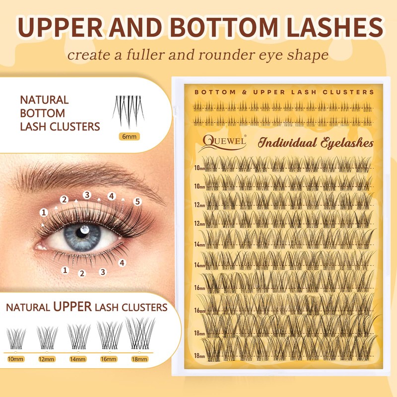 QUEWEL Eyelash Extensions with Delicate 10-18 mm Lower Cluster Lashes,