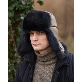 Futrzane Leather Trapper Hat - Russian Hats with Ear Flaps for Men - Bomber Hat (L, Olive - Black Siberian)
