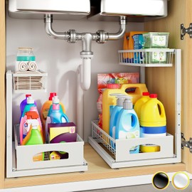 Under Sink Organizer, 2 Pack Cabinet Organizer for Kitchen, Height Adjustable Pull Out Heavy Duty 2 Tier Metal Under Sink Storage for Bathroom Pantry