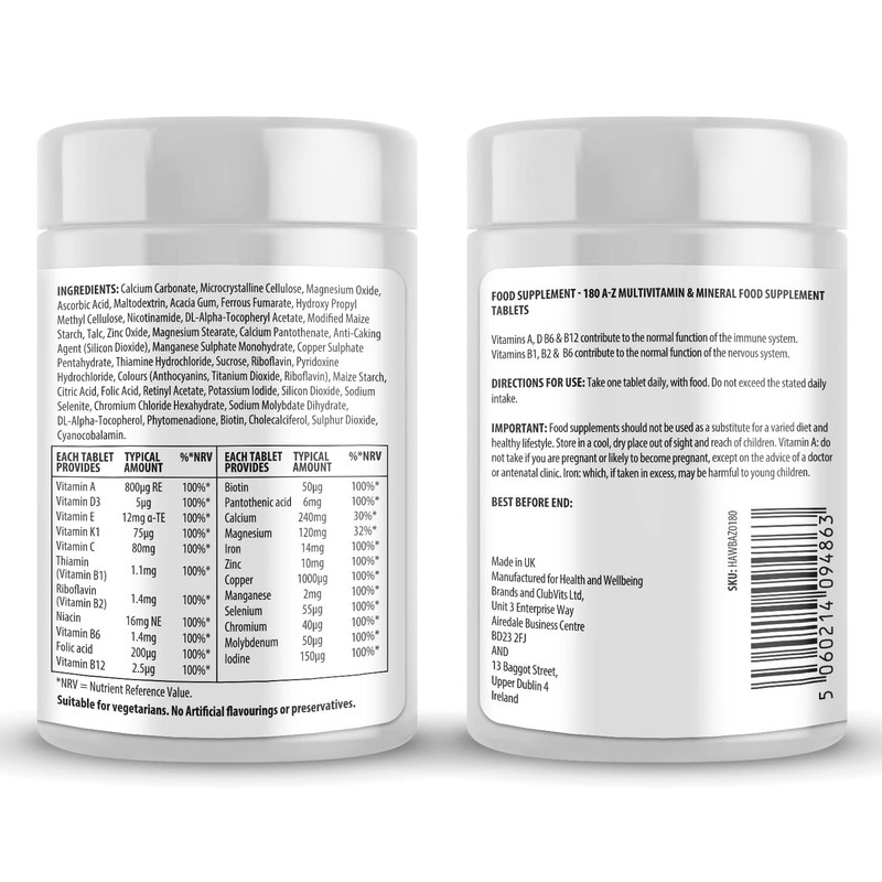 A-Z Multivitamin and Minerals 180 Tablets, Vitamins for Men's and