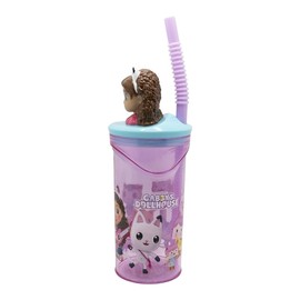 OM SUPPLIES Gabby's 3D Figurine Cartoon Characters Reusable Tumbler Childrens Drinking Cup Straw 23 x 7.5 x 7.5cm Includes Half Size 12pcs Pencil Set (Gabby's)
