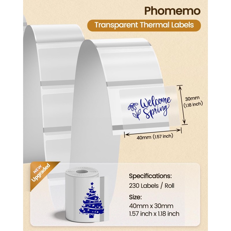 Phomemo M110 M120 M200 M220 M221 Transparent Thermal Labels, Rectangular