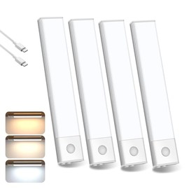 HEEDU 4PCS Luces para Debajo del Clóset, Luz Led con Sensor de Movimiento, 3 Modos, 3 Colores, Brillo Ajustable, Lámpara de Armario Autoadhesiva para Recámara, Clóset, Pasillo, Escaleras