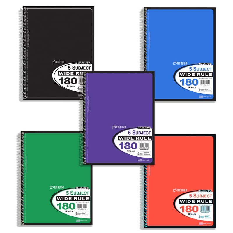 Top Flight Standards 5-Subject Wirebound Notebook, 180 Sheets, 3-Hole Punched,
