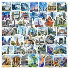 50PCS World Travel Stickers, Travel Luggage Stickers for Suitcases, Journals, Laptops, Water Bottle, World Landmarks Aesthetic Sticker for Travelers, Students & Craft Enthusiasts