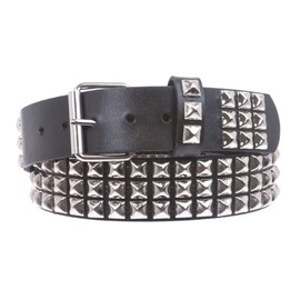 Snap On Three Row Punk Rock Star Metal Silver Studded Full Grain Cowhide Leather Belt, Black | 38"