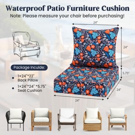 puredown® Outdoor Seat Cushions 24 X 24 X 5.75 Inch, Waterproof & Fade Resistant Patio Furniture Replacement Cushions with Removable Cover for Chair, Sofa, Couch, Wicker, Blue Flower