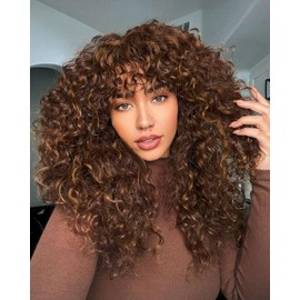 ISAMY Curly Wigs With Bangs for Women Lace Hairline Long Curly Burgundy Wig for Daily (Brown Highlight)